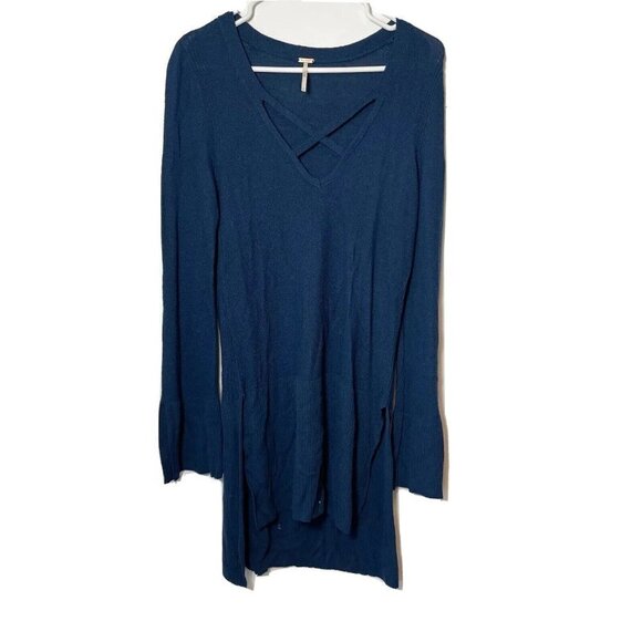 Free People Criss Cross Pullover Tunic Sweater Navy Blue S Long Sleeve Knit Slit - Picture 1 of 6